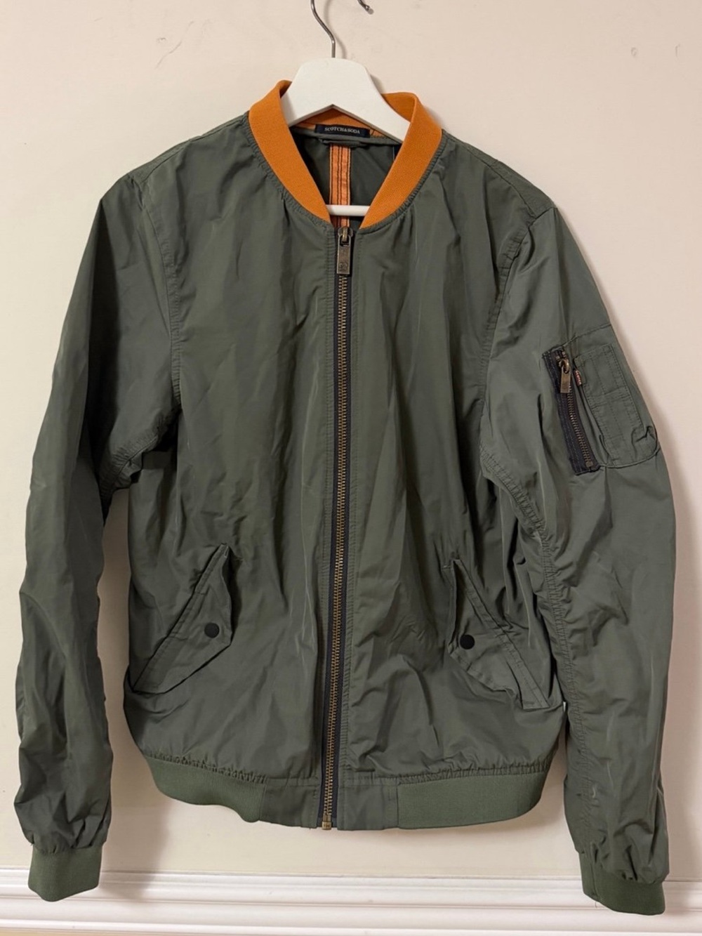 Scotch & Soda Olive Bomber Jacket with Orange Collar